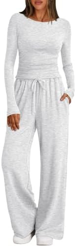 Trendy Queen Women's 2 Piece Matching Lounge Set Boat Neck Slim Fitted Top Wide Leg Pants Casual ... | Amazon (US)