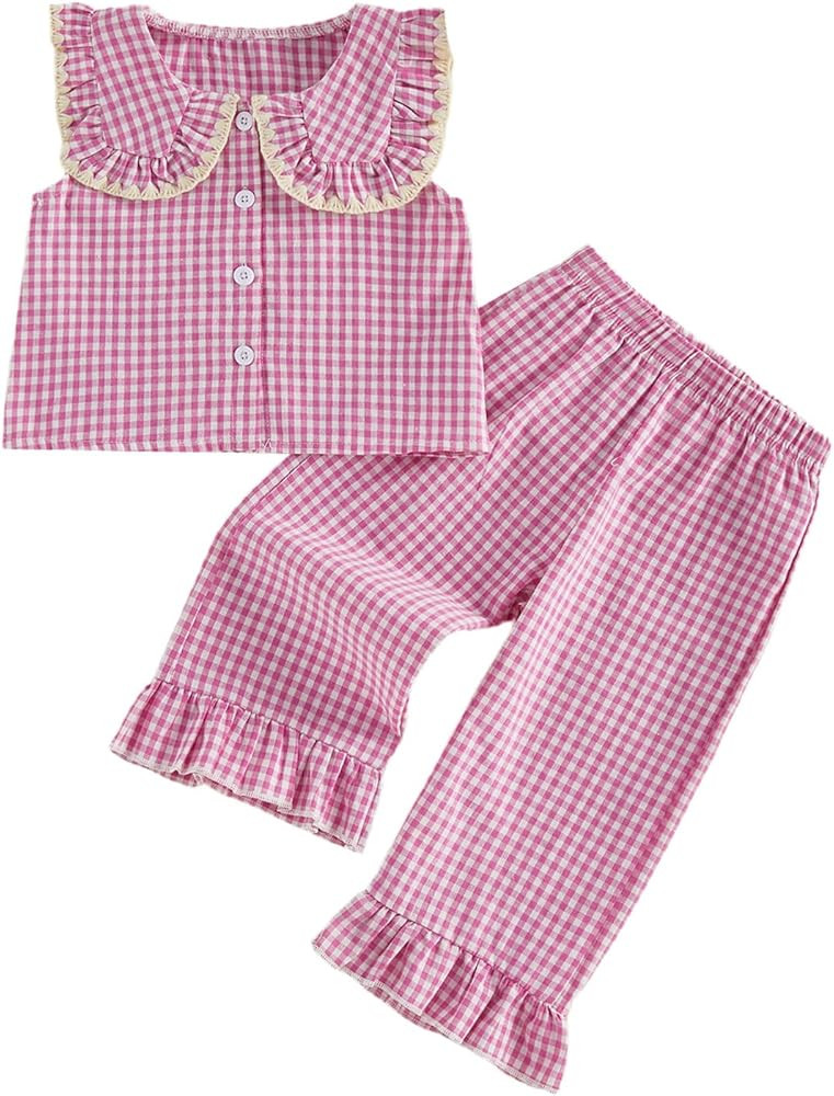 Adorable Toddler Girl Sleeveless Top Capri Pants 2 Pieces Sets Ruffle Hem Babydoll Gingham Cotton... | Amazon (US)