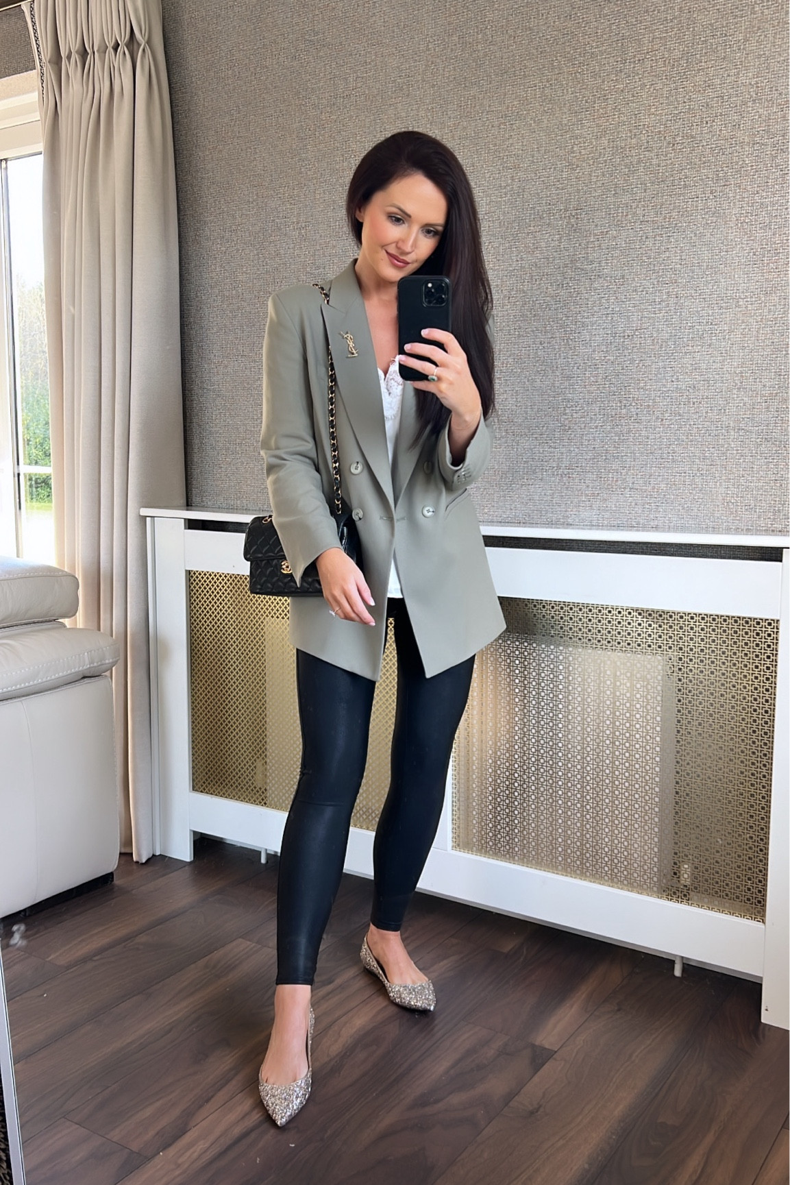 Outfit of the day 🤍
▪️Silk cami & Blazer: Sinead Keary the label (Use code JEN20 for 20% off) 
▪️Leggings: Spanx 
▪️Brooch: YSL 
▪️Shoes: Jimmy Choo 

#LTKSeasonal #LTKfindsunder100 #LTKworkwear