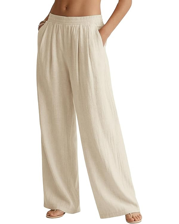 JEKAOYI Womens Casual Linen Pants Wide Leg Palazzo Flowy Summer Pants 2026 Beach Vacation Travel ... | Amazon (US)