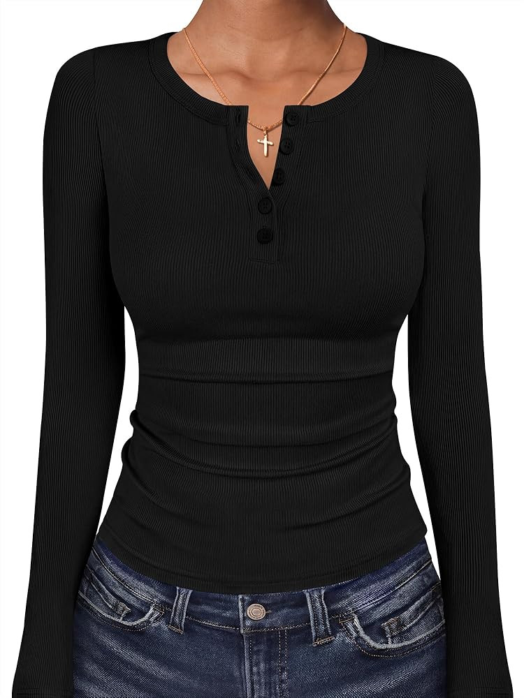 ANRABESS Womens Long Sleeve Henley Tops, Ribbed Slim Fit Shirts, Comfy Stretchy Fall Winter Layer... | Amazon (US)