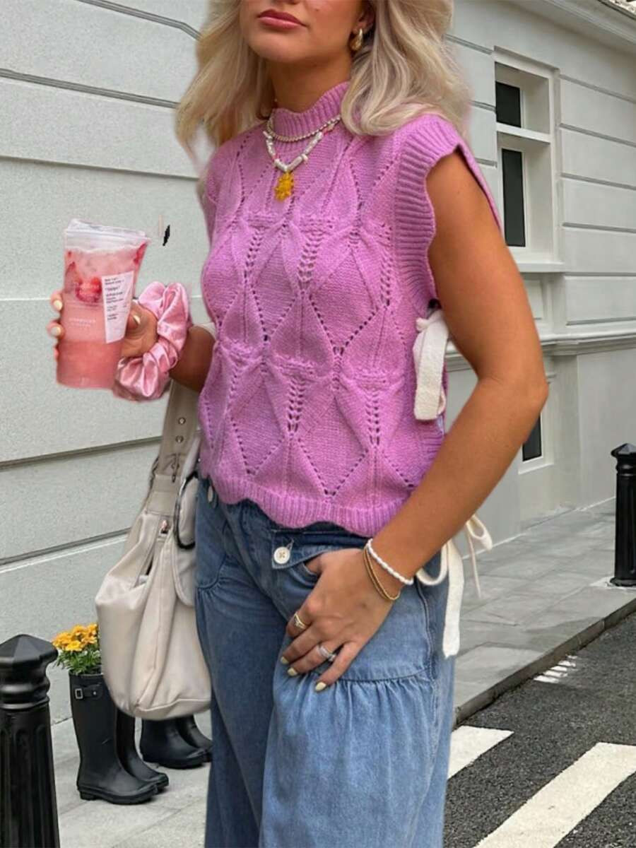 Women Y2k Ribbon Sweater Vest Bow Tie Side Scalloped Trim Warm Mock Neck Knit Tank Tops Sleeveles... | SHEIN