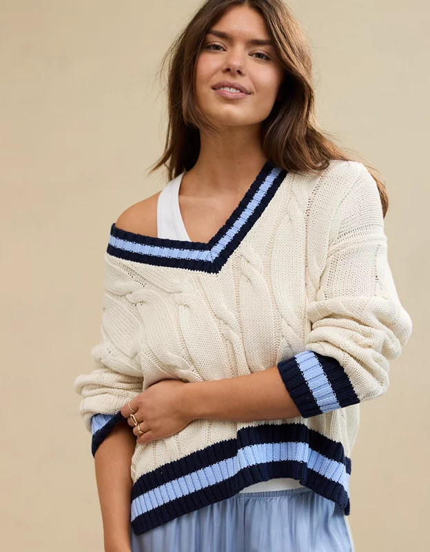 Aerie Cropped Cable V-Neck Sweater | American Eagle Outfitters (US & CA)