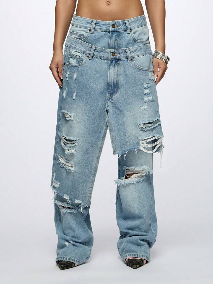 SUMWON WOMEN Plus Size Baggy Wide Leg Jeans Distressed Layered Cut Overlay Fashion Streetwear Fal... | SHEIN