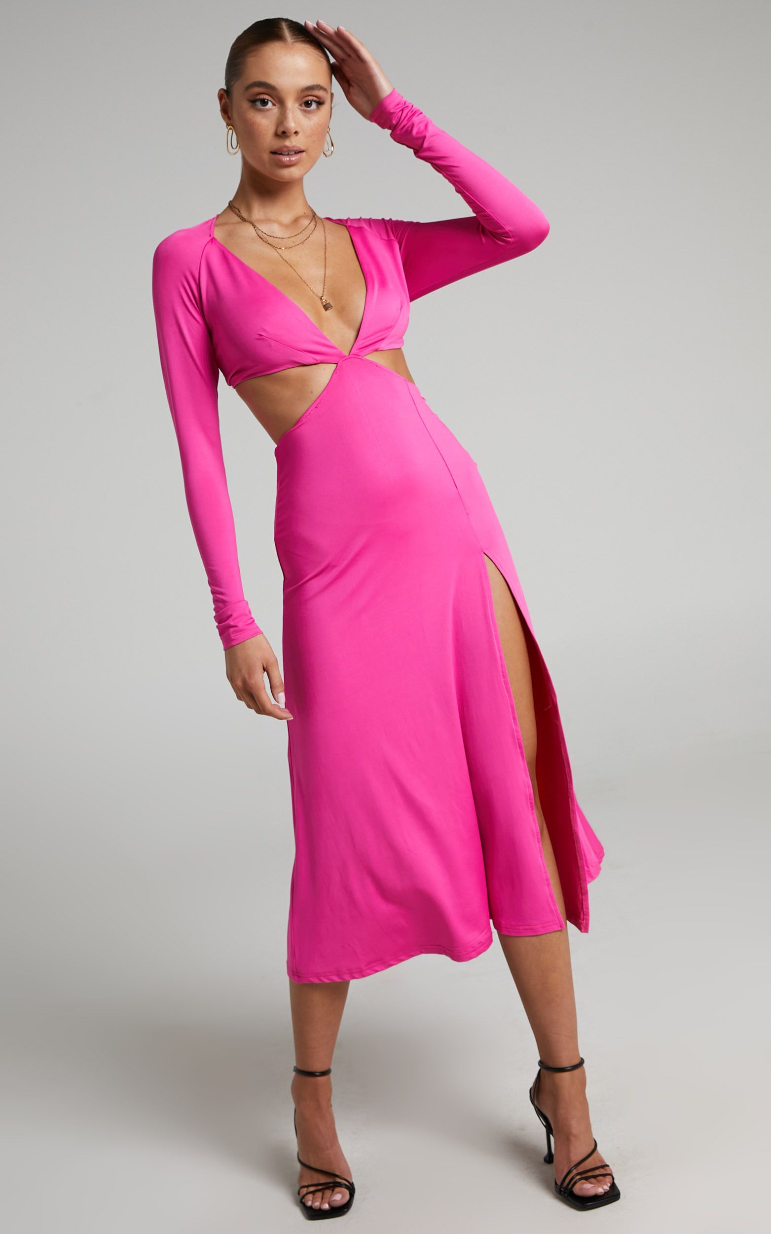 Arleine Front Cut Out Tie Back Long Sleeve Midi Dress in Pink | Showpo (US, UK & Europe)