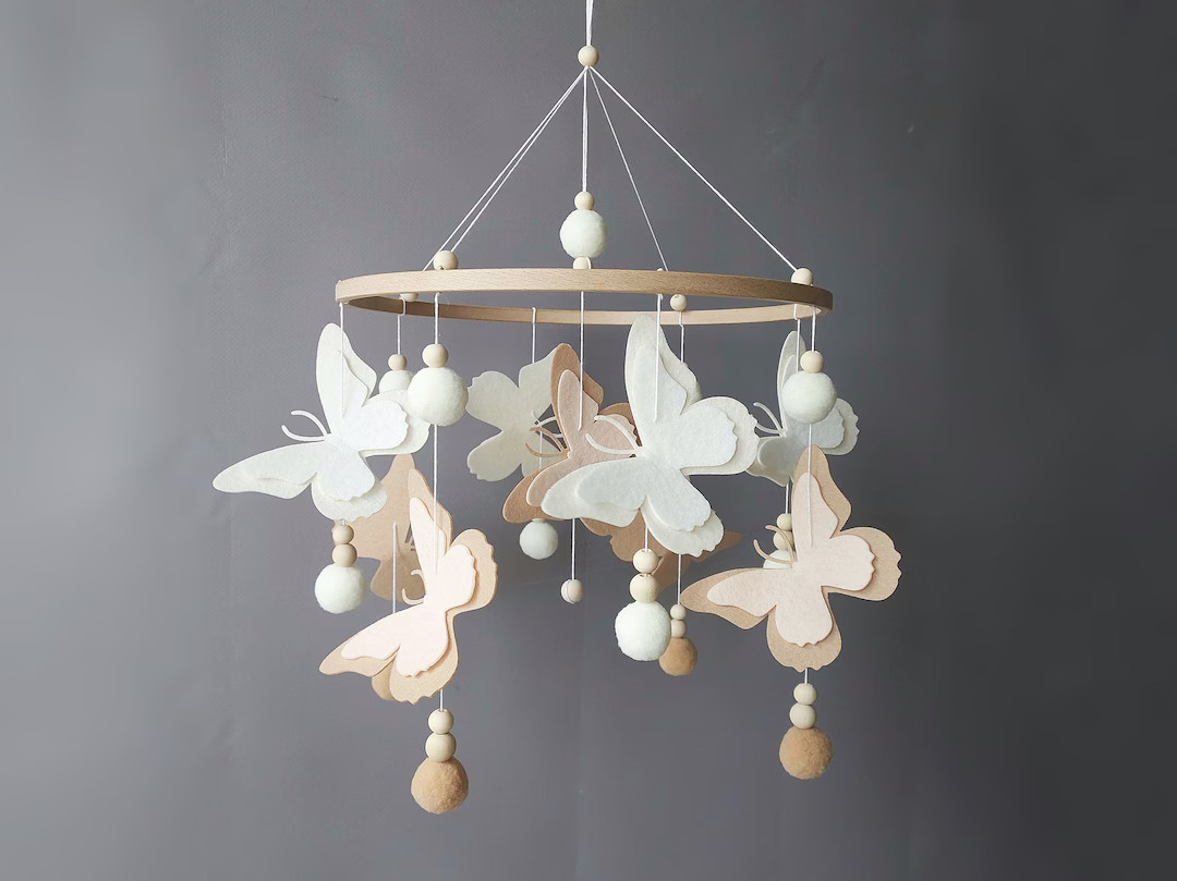 Butterfly Mobile Baby Girl Crib Pom Pom Boho Mobile Musical Bebe Nursery Felt Baby Mobile Neutral... | Etsy (US)
