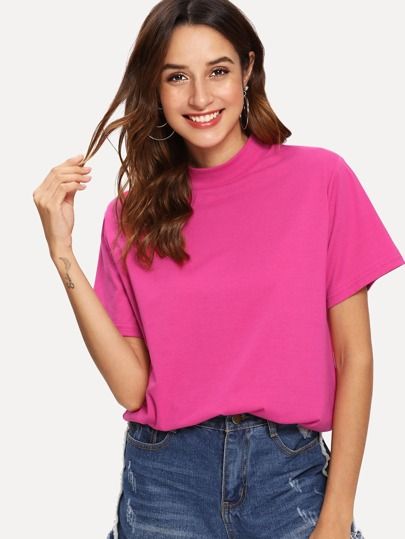 Neon Pink Stand Neck Solid Tee | SHEIN