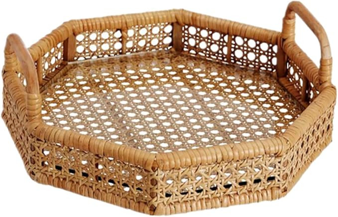 Large Round/Rectangle Rattan Serving Tray with Handles, Ottoman Tray for Living Room|Wicker Coffe... | Amazon (US)