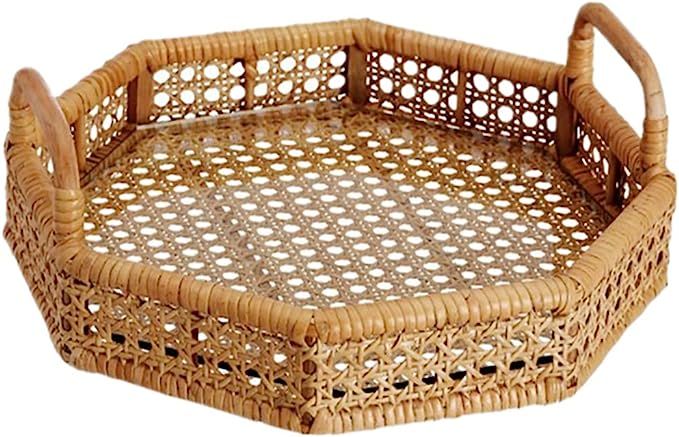 Large Round/Rectangle Rattan Serving Tray with Handles, Ottoman Tray for Living Room|Wicker Coffe... | Amazon (US)