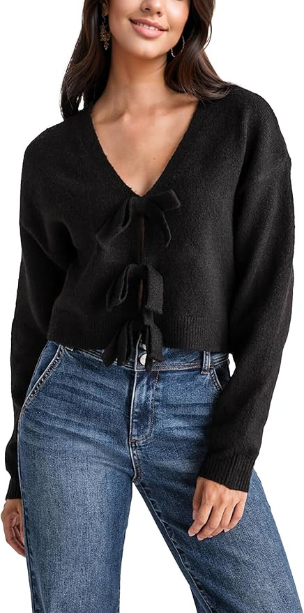 Womens Ribbon Bow Detail Knit Sweater Oversized Pullover Tie Front Long Sleeve Coat Top | Amazon (US)
