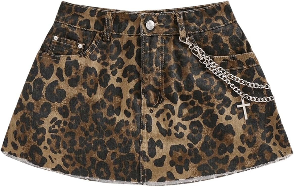 MakeMeChic Women's Cheetah Print Denim Cargo Skirt Chain Raw Trim Y2k Mini Skirts | Amazon (US)