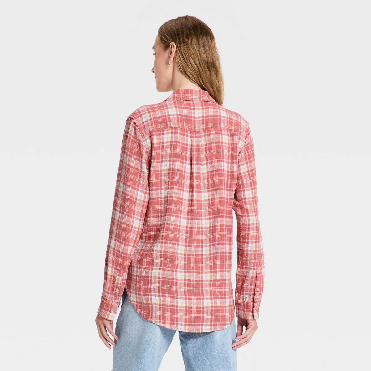 Women's Long Sleeve Collar Button-Down Shirt - Universal Thread\u2122 Pink Plaid M | Target