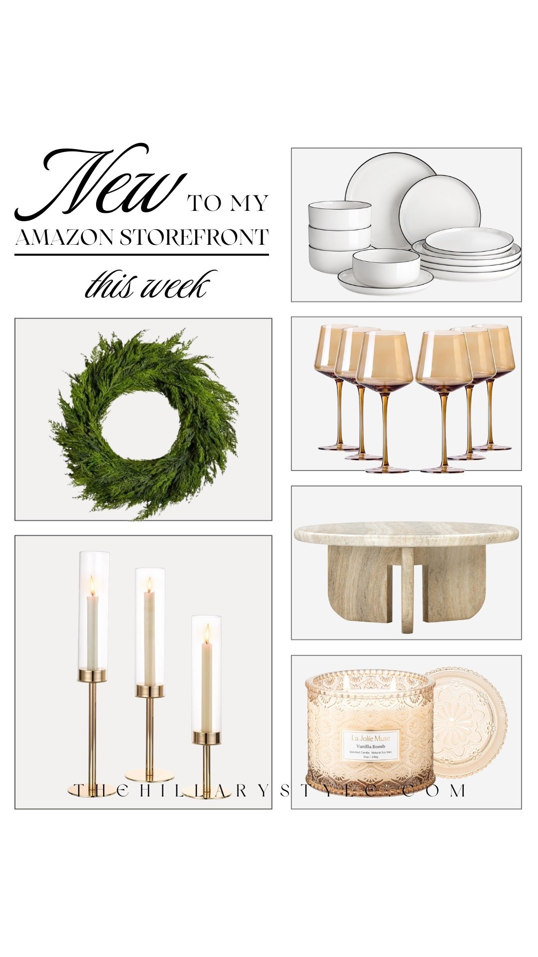 New arrivals to love: elegant gold hurricane candle holders, LA JOLIE MUSE’s luxe vanilla candle, chic amber wine glasses, a statement swag wreath, modern porcelain dinnerware, and Tov’s concrete coffee table — perfect for seasonal hosting and everyday living.

#LTKHome #LTKOver40 #LTKSeasonal