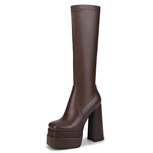 wetkiss Brown Platform Boots for Women Knee High Boots Brown Gogo Boots Women's Knee-high Boots Chunky Boots for Women Tall Boots 70s Boots Long Boots Stretch Square Toe Boots PU Leather Boots | Amazon (US)