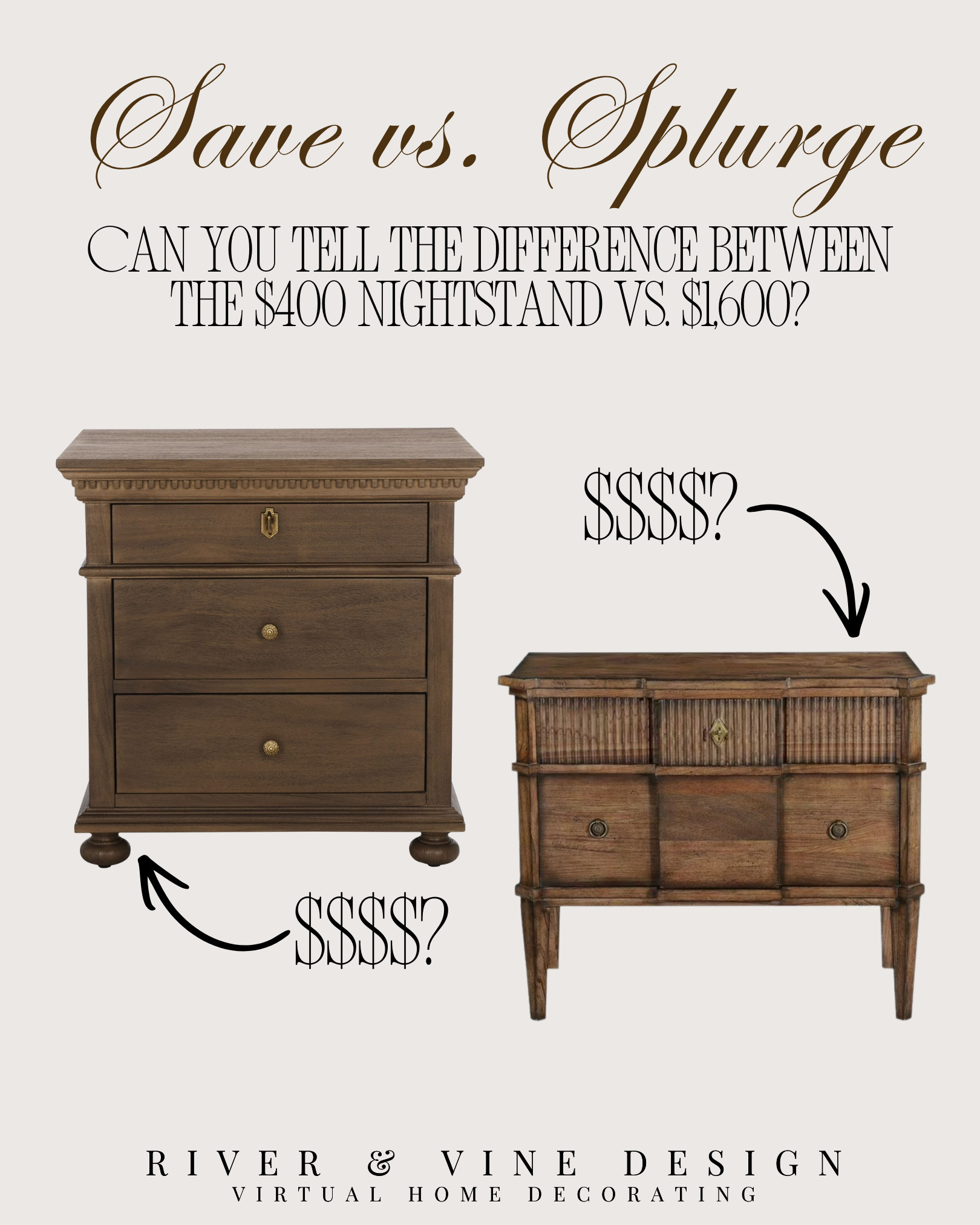 Save vs. splurge is where the details matter. The more expensive nightstand may have the heavier wood tone, cleaner hardware, and more substantial shape — but the lower-priced option still gives you that classic, warm, vintage-inspired look for less.

This is exactly why I love comparing pieces before buying. Sometimes the splurge is worth it for quality and scale, and sometimes the save option gets you close enough while leaving room in the budget for lighting, bedding, art, or styling.

I may receive a commission when you shop through my links. 

 #LTKHome