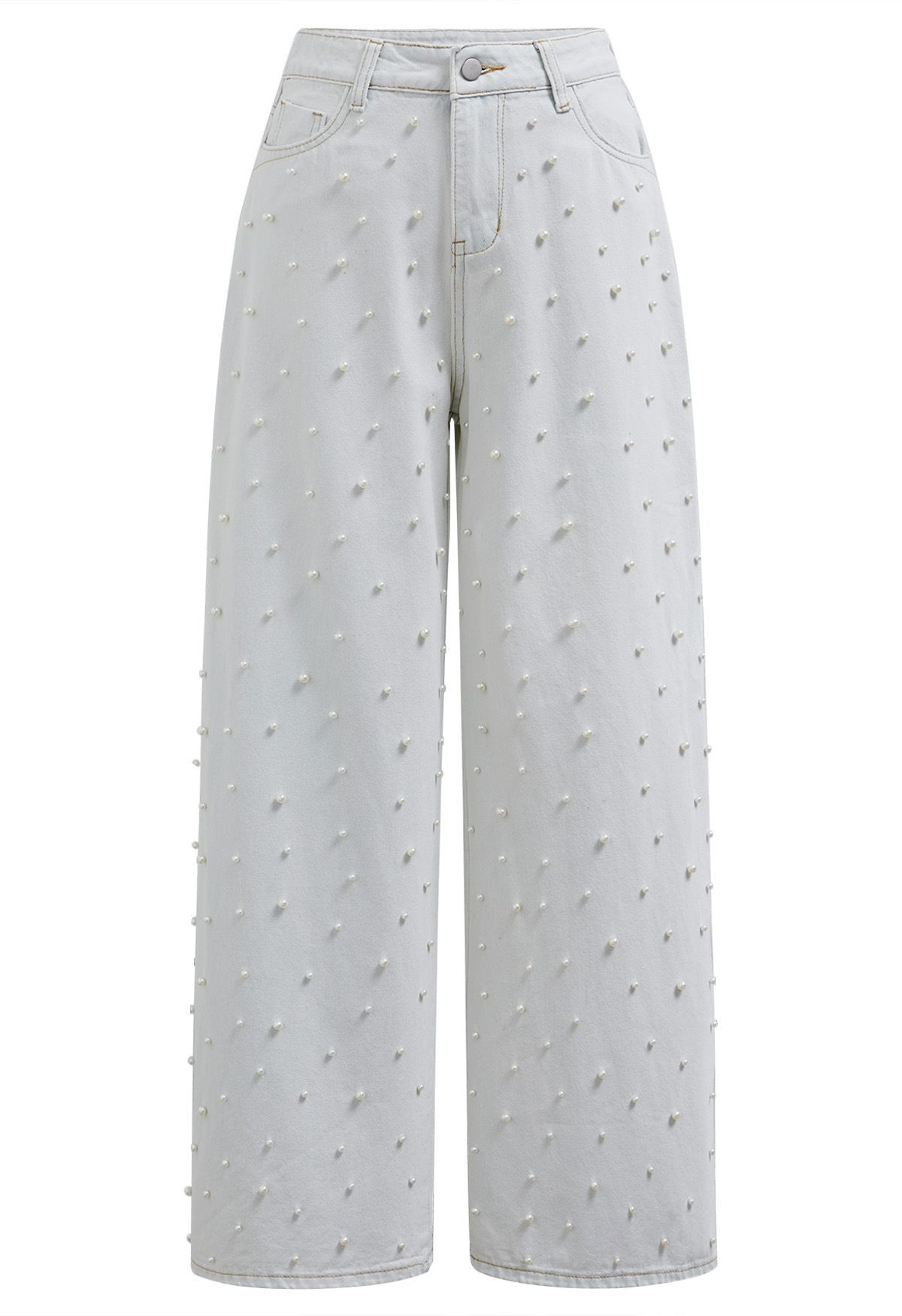 Pearl Adorned Straight-Leg Jeans in Light Blue | Chicwish