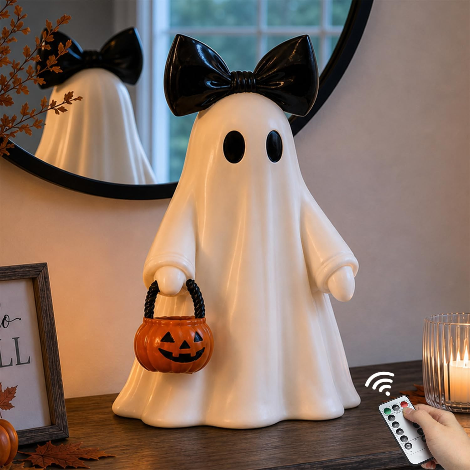 14 in Large Lighted White Ghost Figurine with Pumpkin Lantern&Remote Timer | Amazon (US)