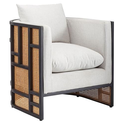 Corina Rustic Lodge Black Wood Brown Cane Grey Upholstered Cushion Barrel Chair | Kathy Kuo Home