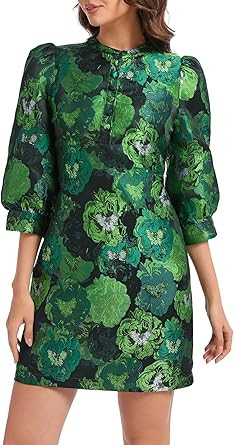 LADYFUL Women's Floral Jacquard Shift Dress 2026 Long Puff Sleeve Button Up Elegant Cocktail Part... | Amazon (US)
