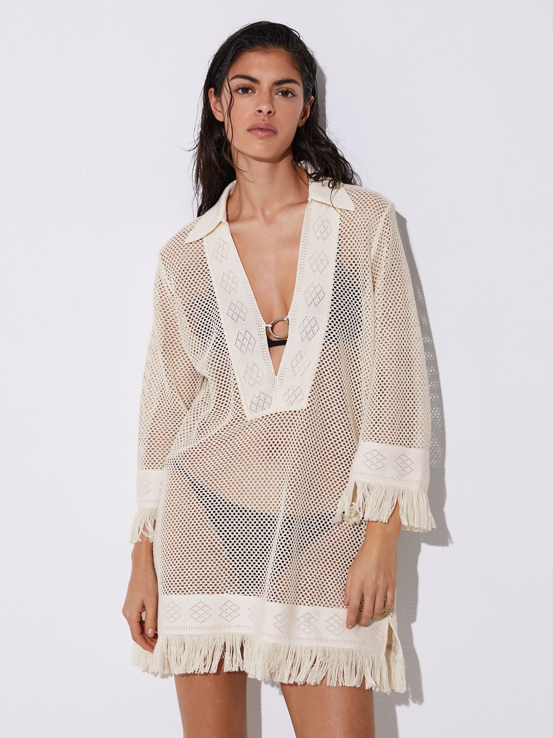 Reiss Crochet Fringe-Trim Beach Dress in Ivory - REISS | Reiss UK