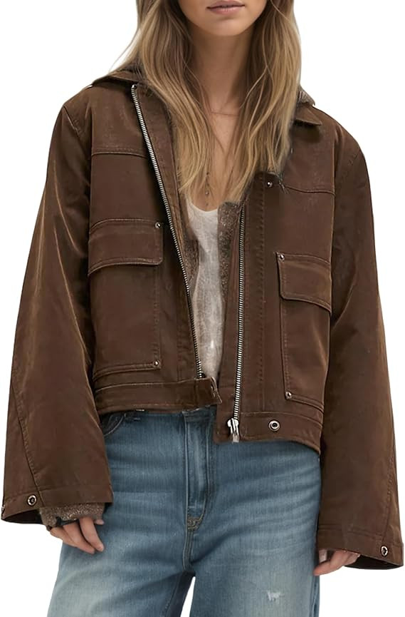 Women Vegan Suede Bomber Lightweight Cropped Jacket Loose Lapel Long Sleeve Zip Up Coat Casual Sp... | Amazon (US)