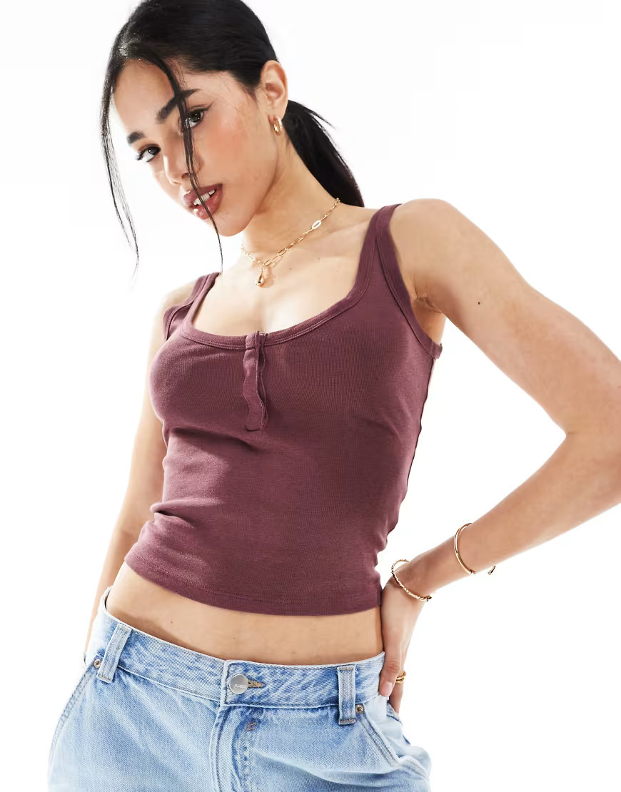 Bershka button down ribbed tank top in washed burgundy-Red | ASOS (Global)