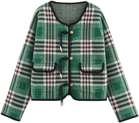 HOULENGS Women's Vintage Button Down Cardigan Sweater Plaid Print Long Sleeve Knit Coat Fall Fash... | Amazon (US)