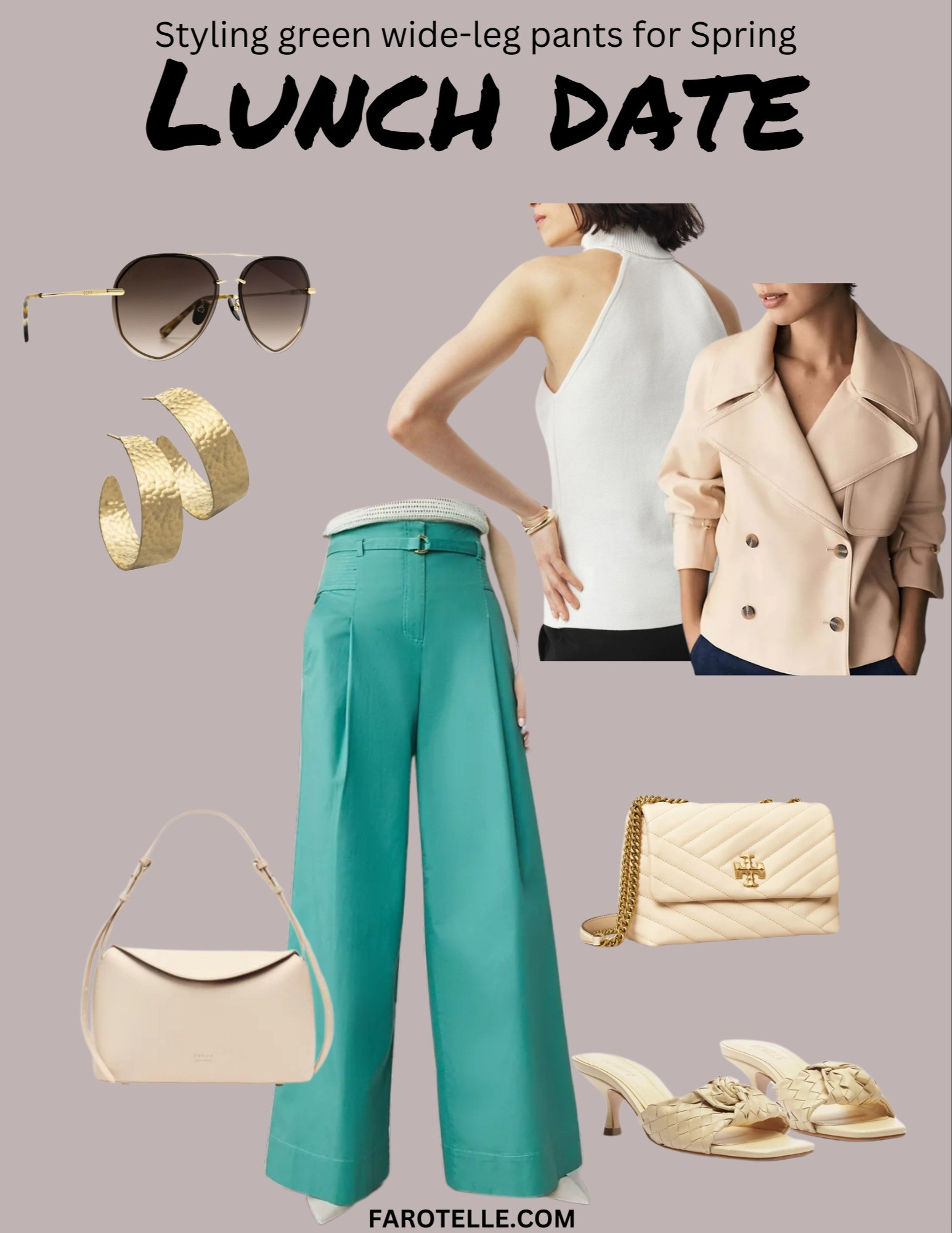 Love these green wide-leg pants for Spring 💚 Effortless chic, colorful pants, elevated casual outfit, cropped trench, Ann Taylor, WHBM, Tory Burch Kira, gold hoop earrings, Schutz, neutral outfit, kitten heel sandals, Freja bags, everyday bags

#LTKStyleTip #LTKShoeCrush #LTKOver40