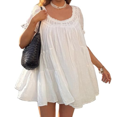Women Puff Sleeve Babydoll Mini Dress Y2K Lace Trim Ruffle Flowy Dresses Summer Loose Swing Going... | Amazon (US)