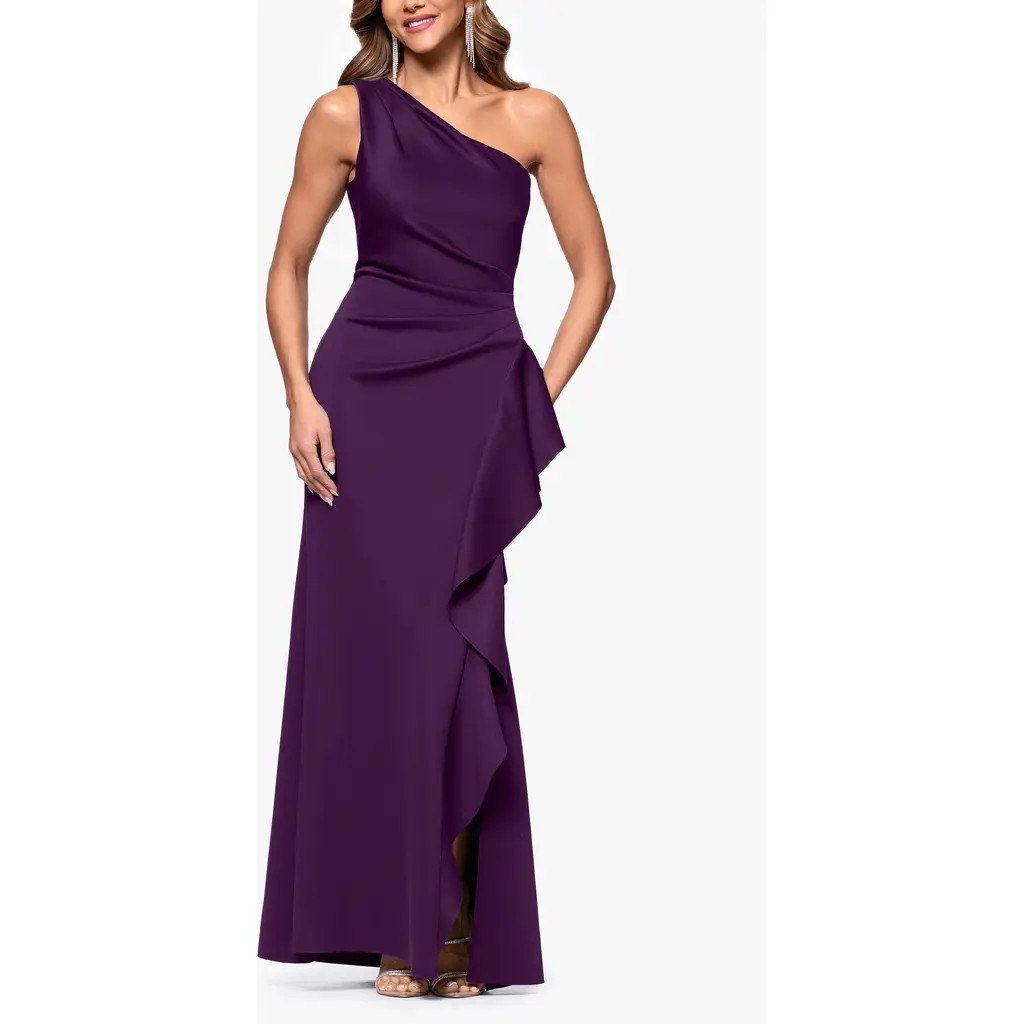 Xscape Evenings One-Shoulder Ruffle Scuba Crepe Gown in Plum at Nordstrom, Size 16 | Nordstrom