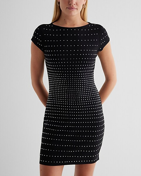 Rhinestone Embellished Crew Neck Mini Sheath Dress | Express