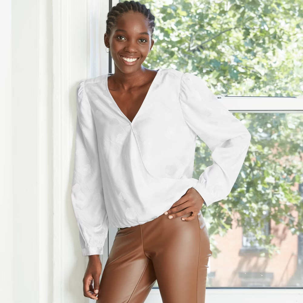 Women's Puff Long Sleeve Wrap Top - A New Day Cream XS, Ivory | Target