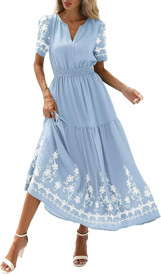 PRETTYGARDEN Women's Summer Boho Maxi Dress 2026 Spring Floral Short Sleeve V Neck A Line Flowy B... | Amazon (US)