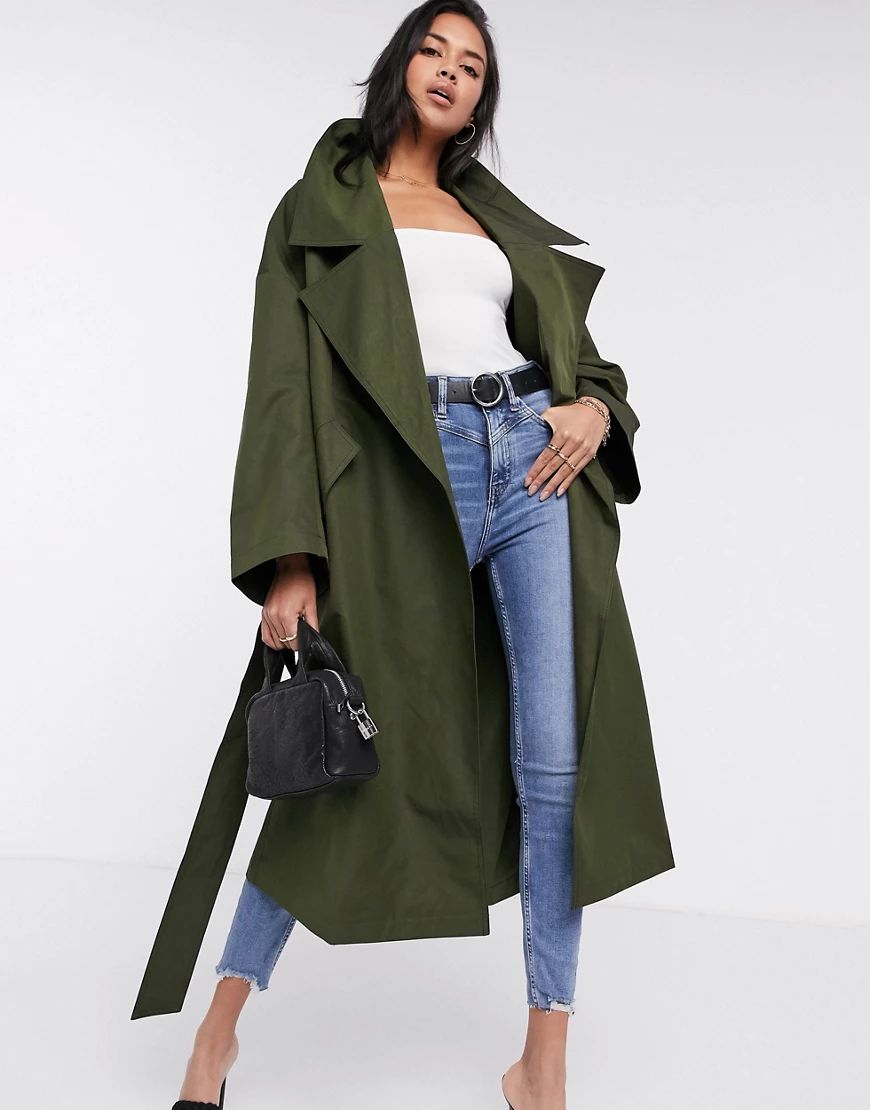 ASOS DESIGN slouchy oversized lightweight trench coat in khaki-Green | ASOS (Global)