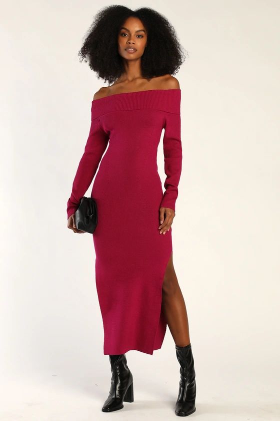 Good For Me Magenta Ribbed Off-The-Shoulder Maxi Sweater Dress | Lulus (US)