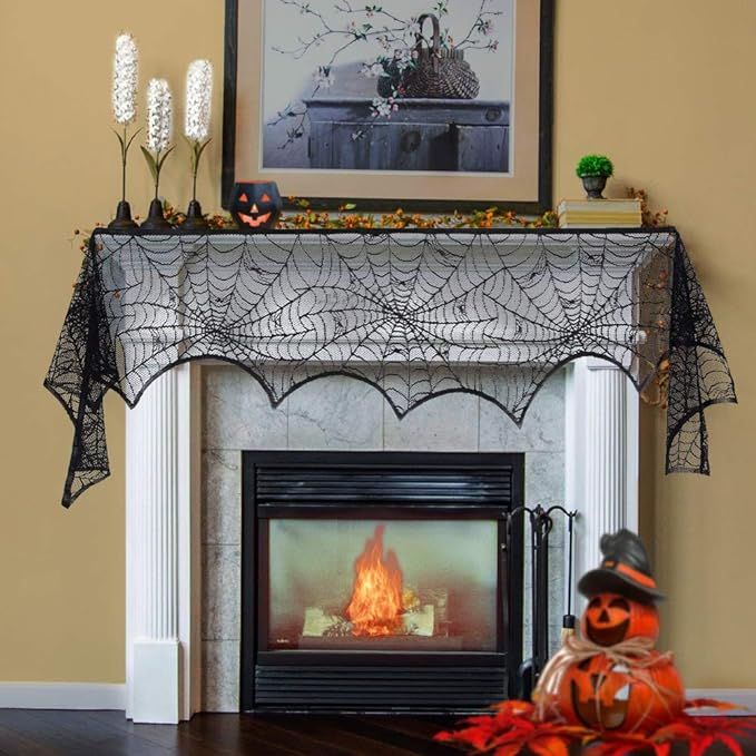 Lulu Home Halloween Fireplace Decorations, Fireplace Mantle Scarf Cover, Black Lace Spider Web fo... | Amazon (US)