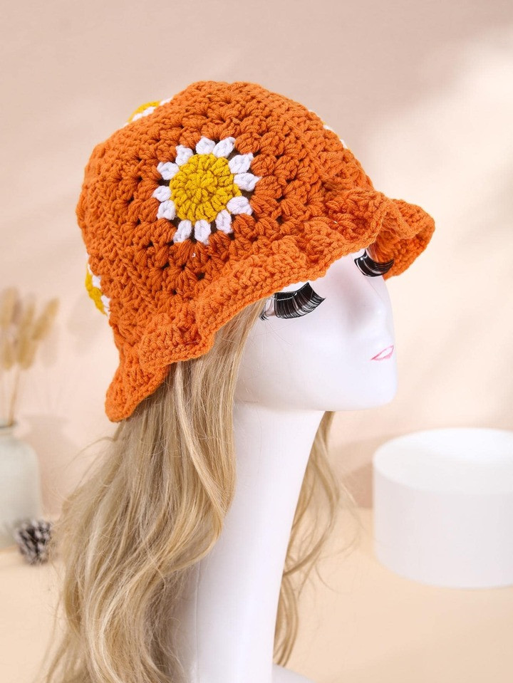1pc Handmade Crochet Sunflower Decorated Colorful Patchwork Cute And Sweet Style Bucket Hat For W... | SHEIN