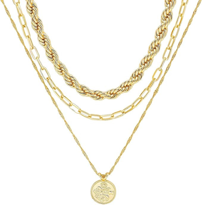 3 Pcs Layered Paperclip Chain Necklaces Sleek Coiled Handmade Coin Pendant Necklaces Fashion Mult... | Amazon (US)