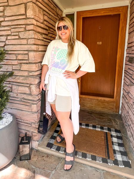 The perfect oversized graphic tee! I did an xl + it runs big. My white button down has been a favorite for years! I prefer the xl. My bike shorts are old but I linked a similar pair. #graphictee #oversizedgraphictee #midsize #curvygirl

#LTKunder50 #LTKSeasonal #LTKFind