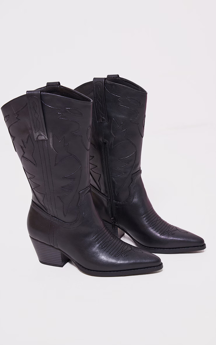 Black Faux Leather Block Heel Low Western Calf Boots | Pretty Little Thing (Australia & New Zealand)