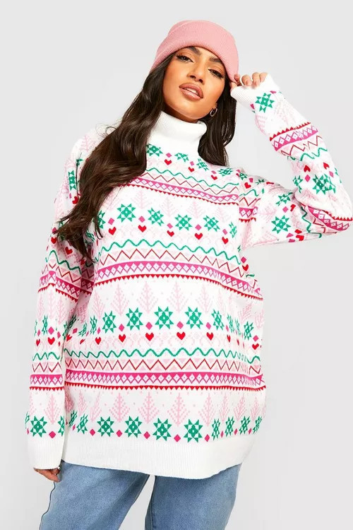 Maternity Turtleneck Fairisle Christmas Sweater | Boohoo.com (US & CA)