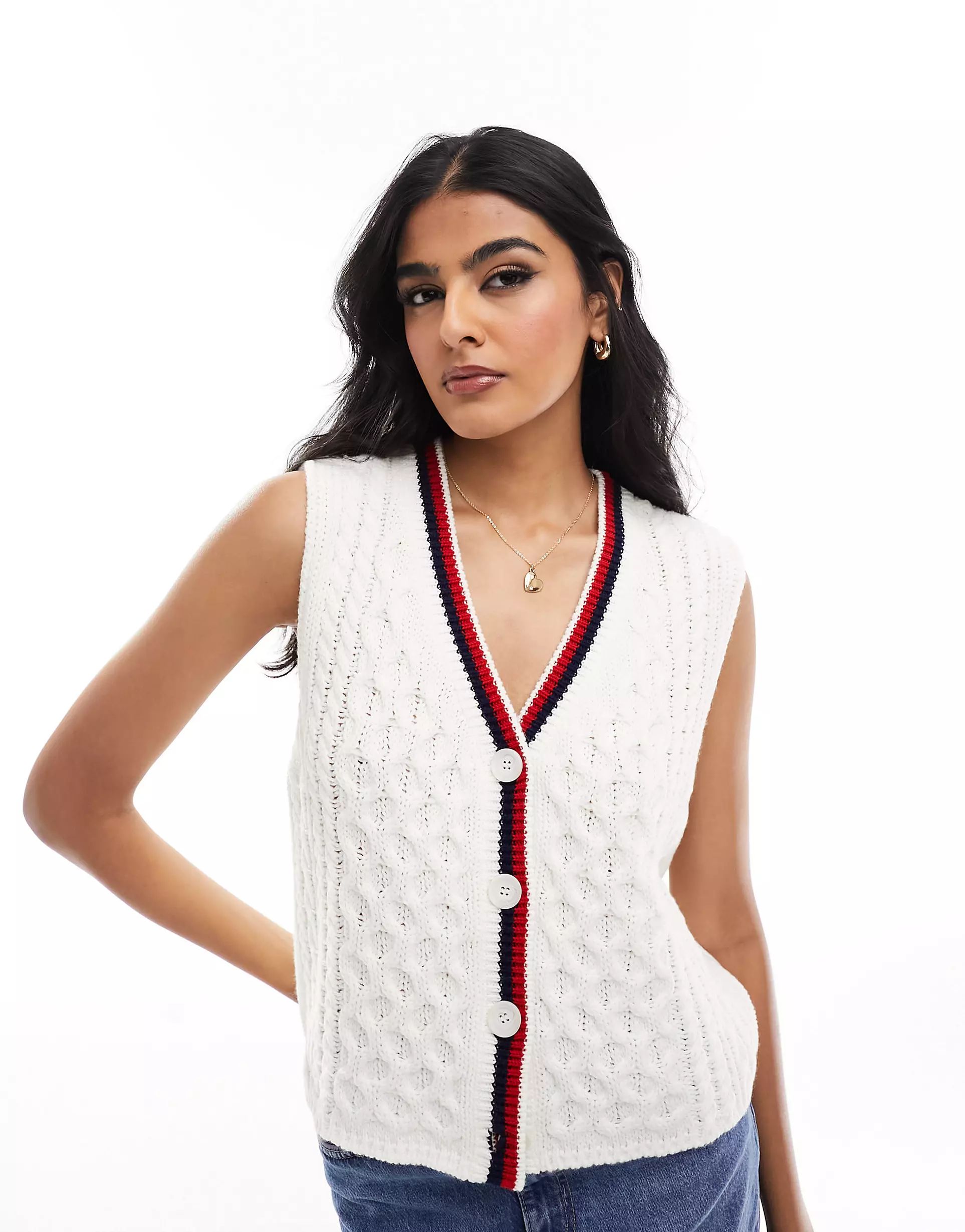 ASOS DESIGN cable waistcoat with tipping detail in cream | ASOS (Global)