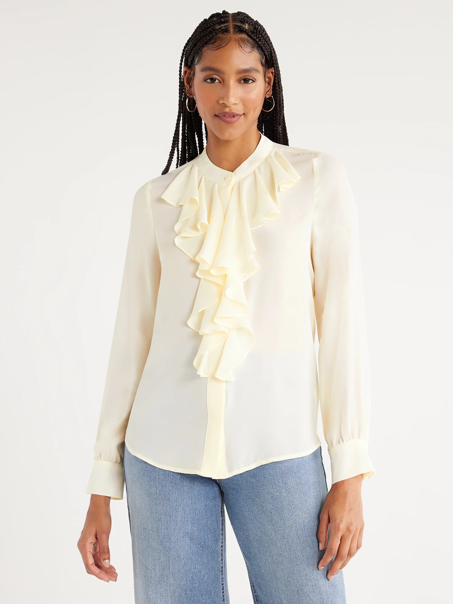 Scoop Women’s Ruffle Button Down Shirt, Sizes XS-XXL | Walmart (US)