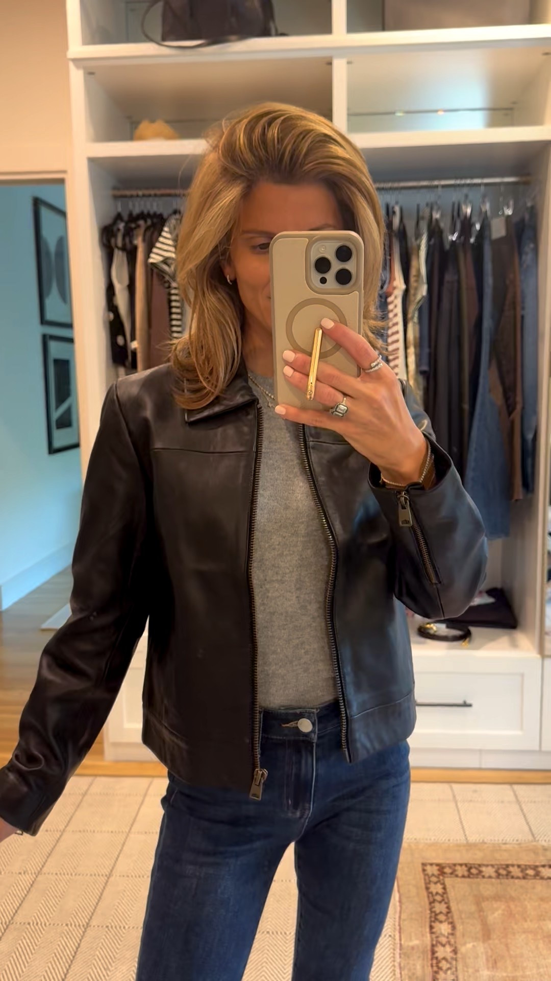 @onequince new leather drop! Wearing size XS in jacket and sweater! #quincepartner 