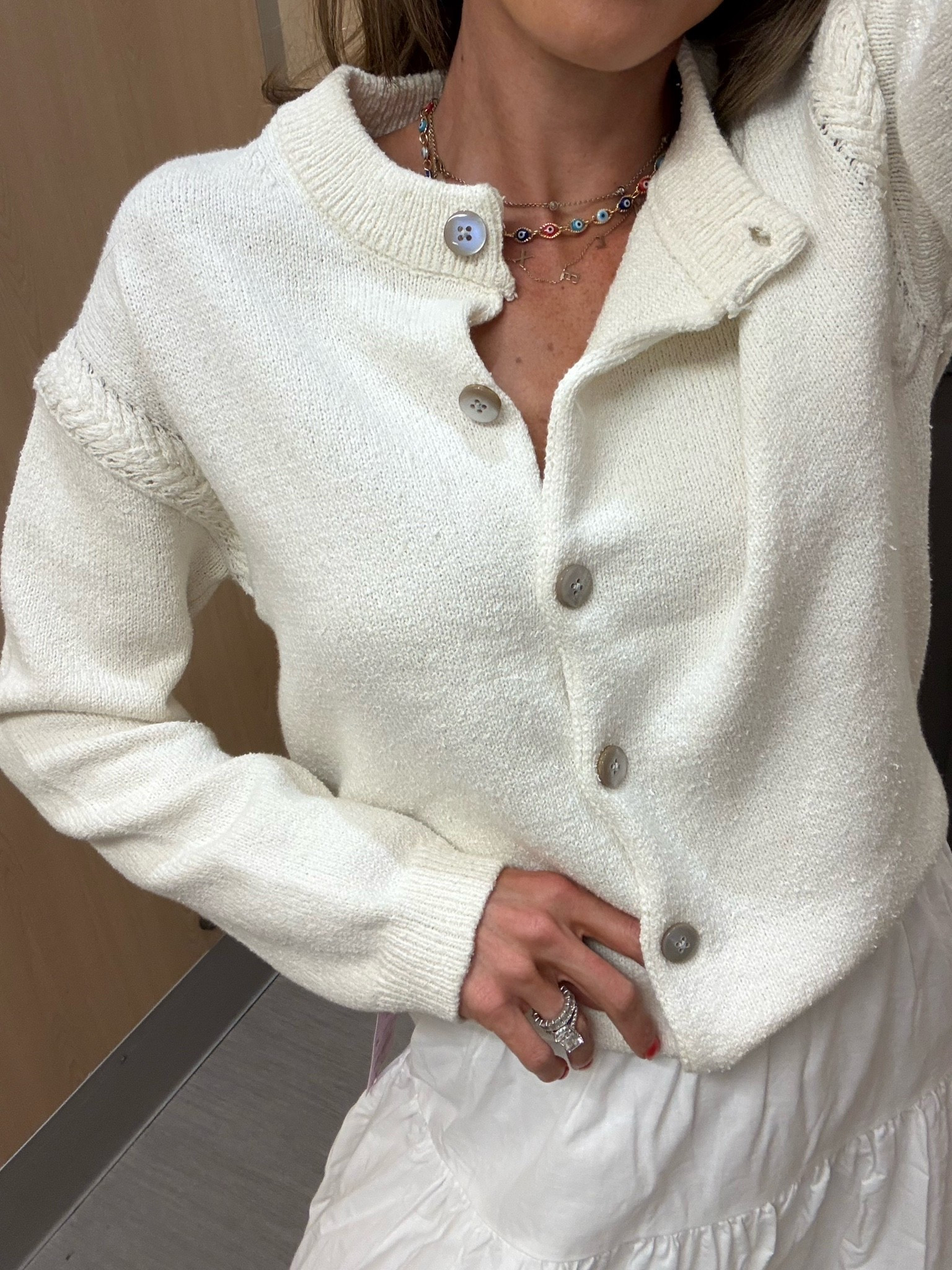 Adorable ivory cream cardigan for summer with pretty cable knit detailing wearing smallest size

#LTKPetite #LTKootd