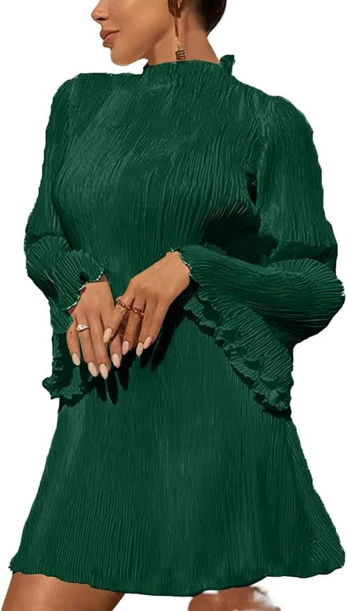 Annystore Women's Bell Long Sleeve Pleated Mini Dress Casual Mock Neck Ruffle A-line Short Dresse... | Amazon (US)