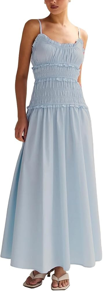 Women Spaghetti Strap Maxi Dress Sleeveless Smocked Summer Dresses Ruffle Tiered Flowy Beach Vaca... | Amazon (US)