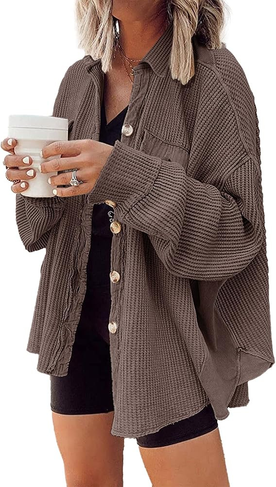 Nirovien Womens Waffle Knit Shacket Oversized Button Down Shirt Jacket Lightweight Spring Outfits... | Amazon (US)