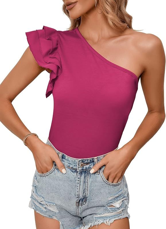SweatyRocks Women's Solid One Shoulder Layered Ruffle Tee Shirts Butterfly Sleeve Fitted Casual S... | Amazon (US)