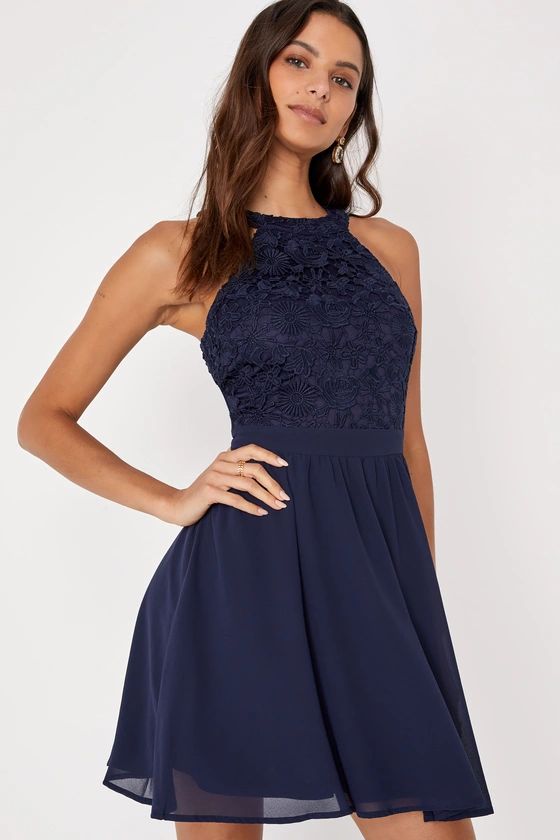 Lover's Game Navy Blue Lace Skater Dress | Lulus